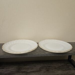 Set of 2 Anchor Hocking Milk White Swirl Saucers w/ Gold Accent